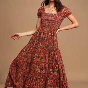 Free People Getaway Red Floral Print Pleated Tiered Maxi Dress